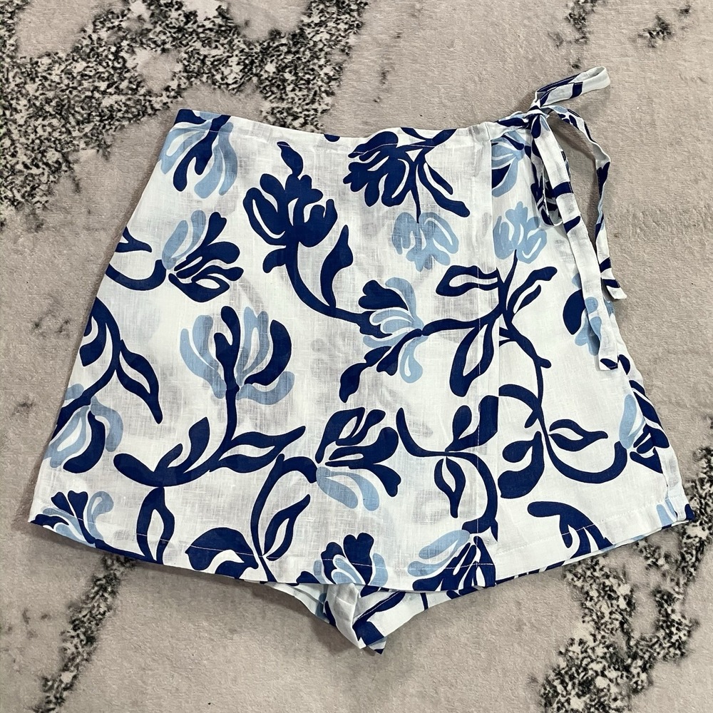 Faithfull The Brand Floral Linen Wrap Skort Blue White Womens Size 8 Large